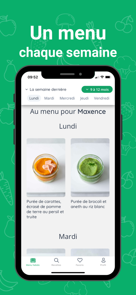 Screenshot of the Cuisinez pour bébé app showing a weekly meal plan with baby food recipes like carrot and broccoli purée.