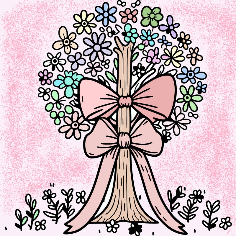 tree with a ribbon  and lots of flowers