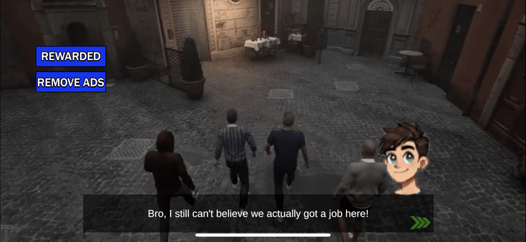 Night Club Simulator 3d Game - ナイトクラブシミュレーター3Dの、夜の街の通りを歩くキャラクターたち。仕事の開始に関するダイアログボックスが表示されている。