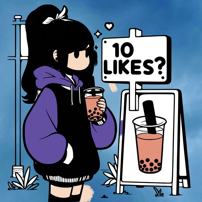 girl with oversized hoodie drinking boba and she has a high ponytail with a sign that says 10likes?