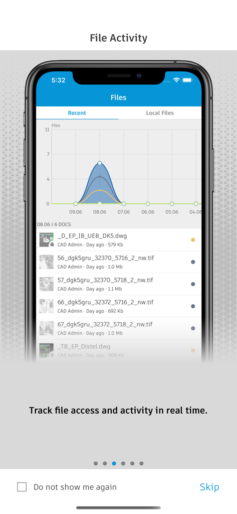 Autodesk Vault Mobile screen displaying file activity and real-time document tracking