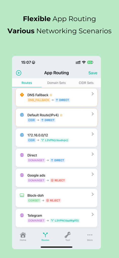 MintFlow NetStack - App routing screen in MintFlow NetStack showing custom network rules and routing scenarios