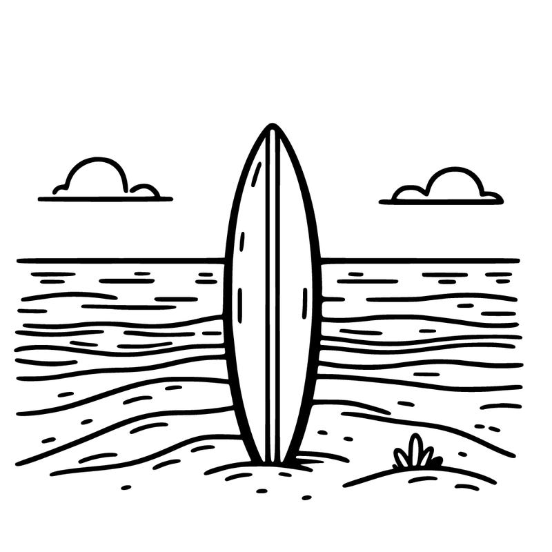 single surfboard standing in the sand