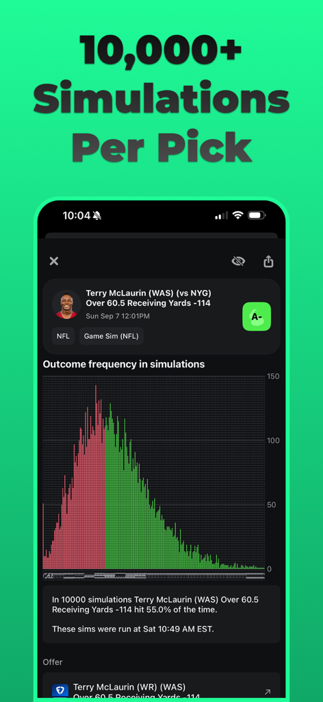 Screenshot of Optimal Bet app showing a detailed frequency chart from 10000 simulations for an NFL player prop bet