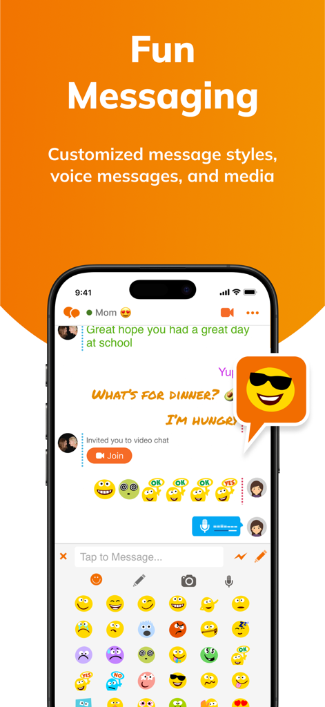 A child friendly chat interface on Stars Messenger Kids showing custom fonts and various emojis.