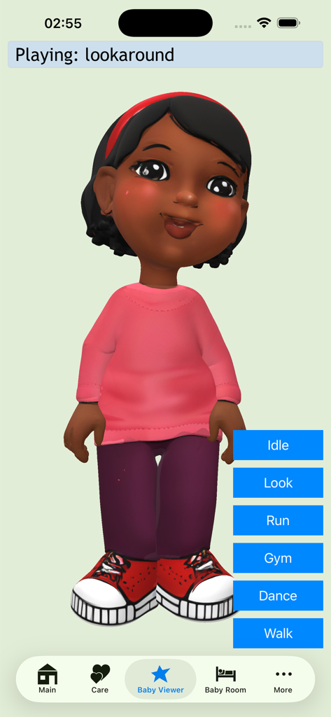 Baby Adopter Holidays - 3D baby character in Baby Adopter Holidays app viewer with animation buttons