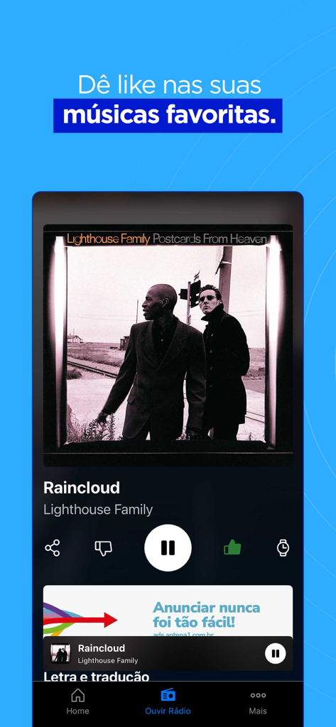 Radio Antena 1 music player interface displaying album art and song information for Lighthouse Family