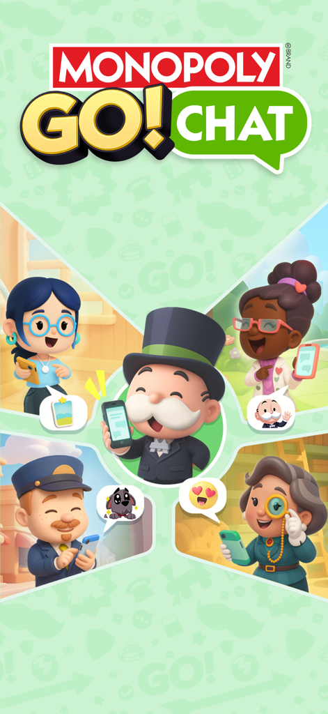 MONOPOLY GO!Chat - Monopoly GO characters using mobile phones to chat and trade stickers.