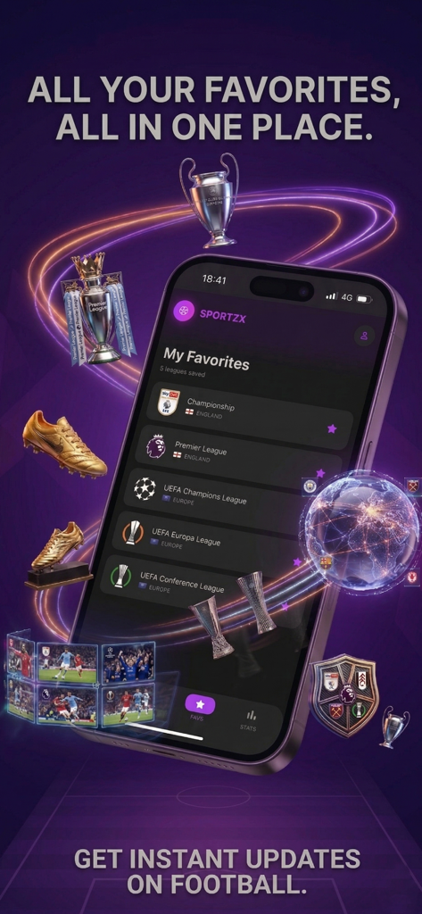 SportzX : Live Score - SportzXアプリのスクリーンショット。モバイルデバイス上のお気に入りのサッカーリーグのリストが表示されています。