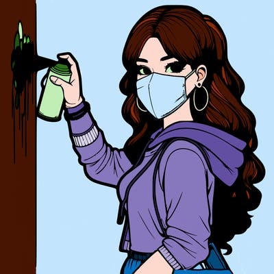 realistic girl with mask spray painting a wall