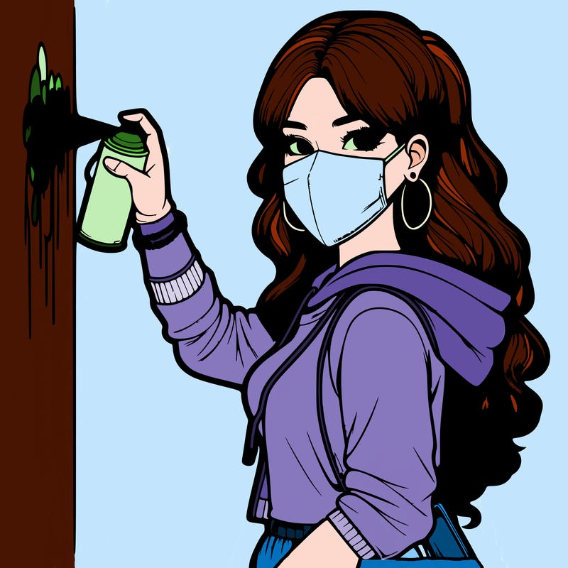 realistic girl with mask spray painting a wall