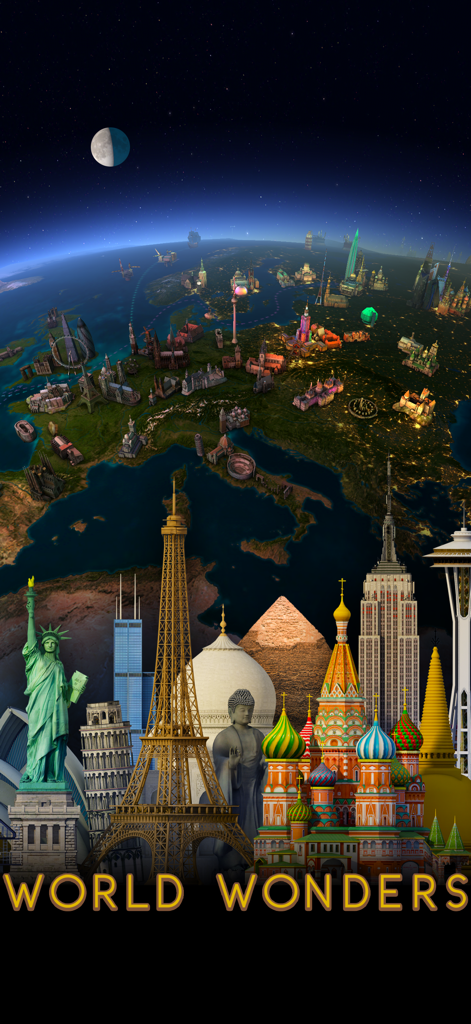 A 3D globe at night showing city lights and landmarks from across the globe including the Eiffel Tower and the Statue of Liberty