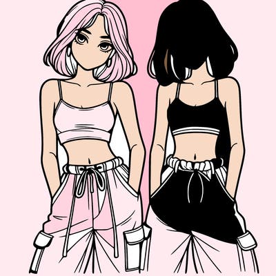 two girls with crop top with baggy pants