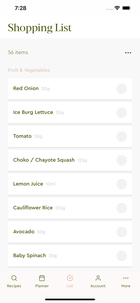 Welle Club - Welle Club mobile app interface showing a digital shopping list with various keto friendly vegetables