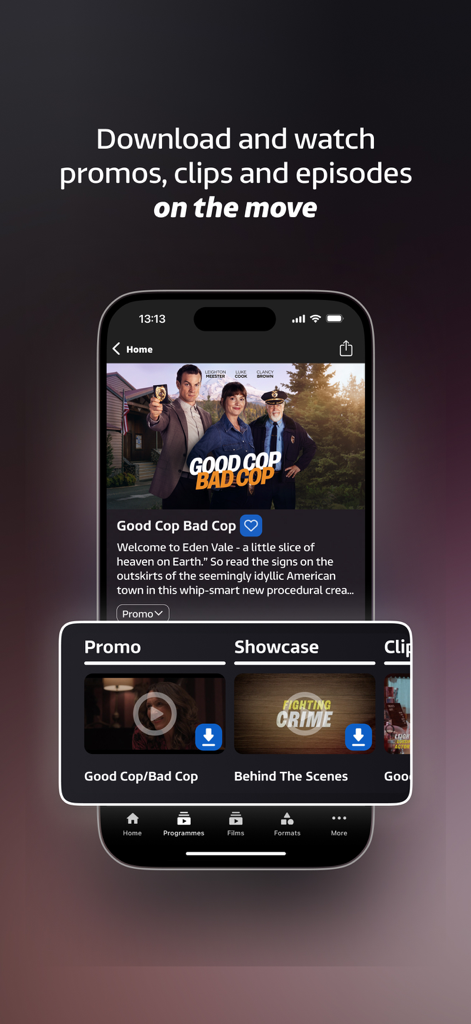 ITV Studios: Watch Anywhere - ITV Studios app interface showing options to download promos and clips for professional media buyers