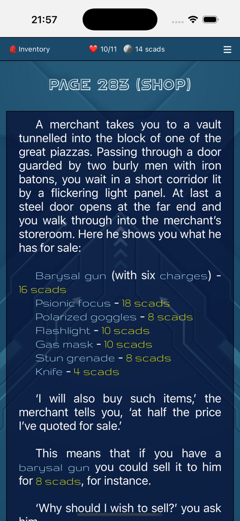 Merchant shop interface in the Heart of Ice gamebook showing item prices and narrative text