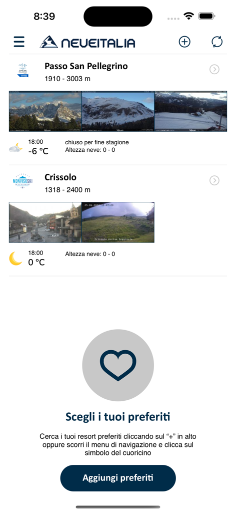 Neve e Sci - NeveItalia - NeveItalia mobile App-Oberfläche mit Ski-Resort-Webcams für Passo San Pellegrino und Crissolo mit einem Bereich zum Hinzufügen von Favoriten.