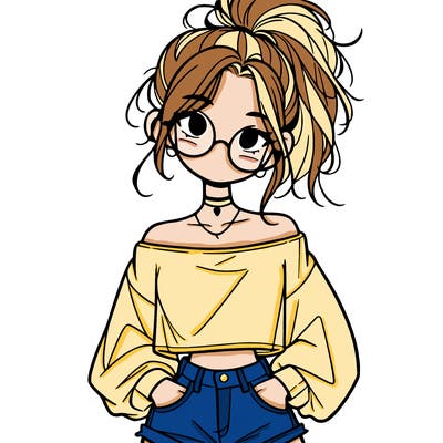 girl with a messy ponytail glasses a baggy crop top and jean shorts