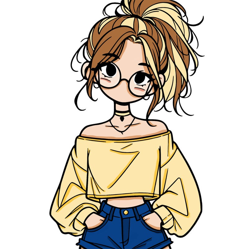 girl with a messy ponytail glasses a baggy crop top and jean shorts