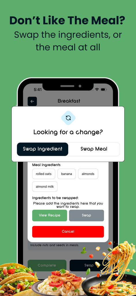 NM: AI Meal Planner & Wellness - Interface of the NM AI Meal Planner app showing options to swap ingredients or entire meals for dietary flexibility