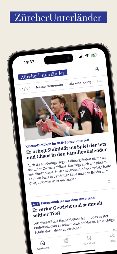 Zürcher Unterländer News - Zurcher Unterlander News App-Oberfläche, die lokale Sportnachrichten und ein Navigationsmenü auf einem iPhone zeigt