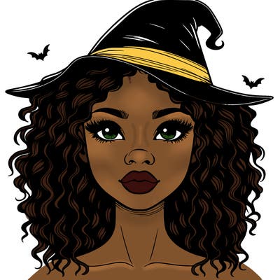 realistic black girl with wavy hair and witch hat and nose and lips