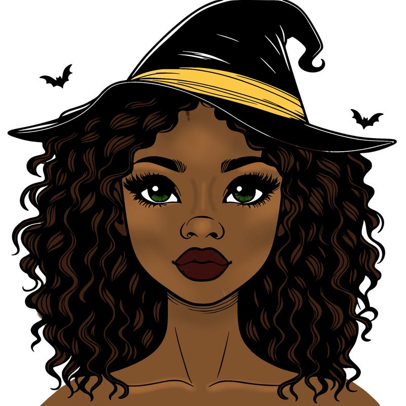 realistic black girl with wavy hair and witch hat and nose and lips