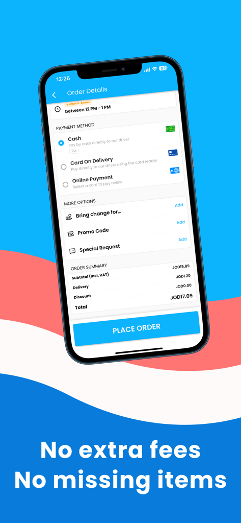Tela de detalhes do pedido do aplicativo JET Groceries mostrando métodos de pagamento e resumo do pedido
