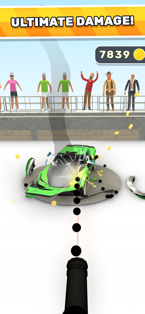 A green sports car being destroyed in the Fury Cars mobile game with spectators watching