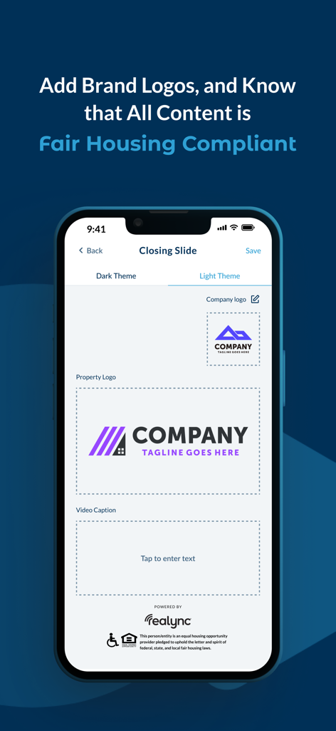 Realync Video Leasing - Interfaccia dell'app Realync che mostra la configurazione della diapositiva di chiusura con opzioni per aggiungere loghi aziendali e di proprietà per video immobiliari
