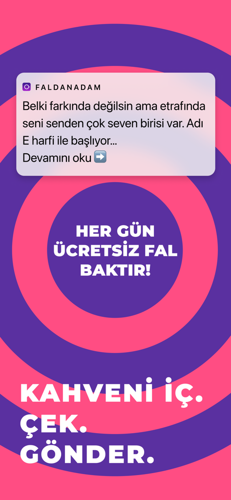 A mobile app interface for FaldanAdam showing a coffee fortune notification on a pink and purple circular background with Turkish text