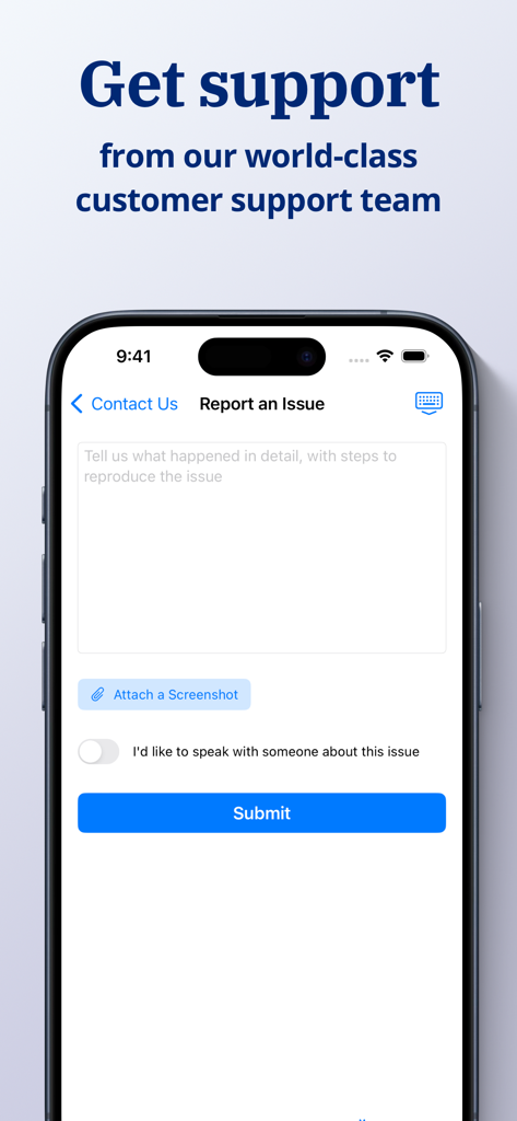 Victory Shield app interface showing the Report an Issue screen for customer support