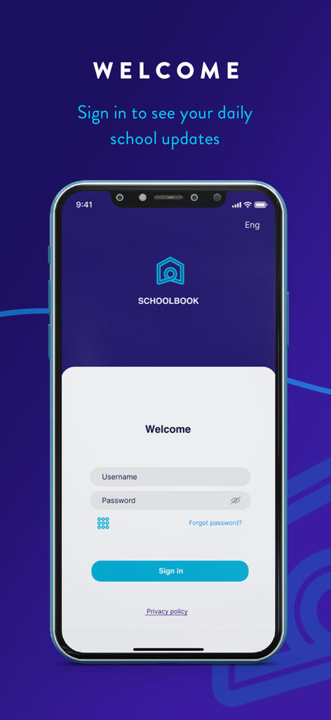 Pantalla de inicio de sesión de la aplicación móvil SchoolBook con campos de nombre de usuario y contraseña