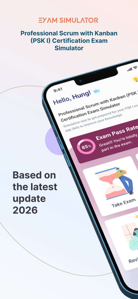 PSK Exam Simulator - Interfaz de la aplicación Simulador de Examen PSK para la certificación Professional Scrum with Kanban que muestra el seguimiento del progreso y el contenido de la actualización 2026.