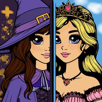 realistic girl split half witch half princess