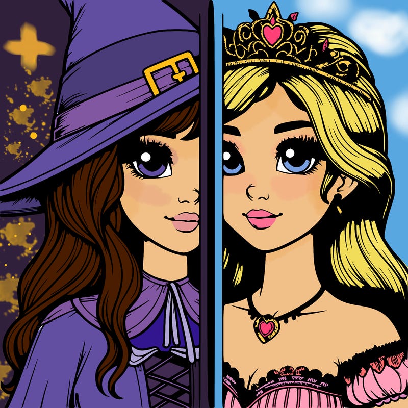 realistic girl split half witch half princess