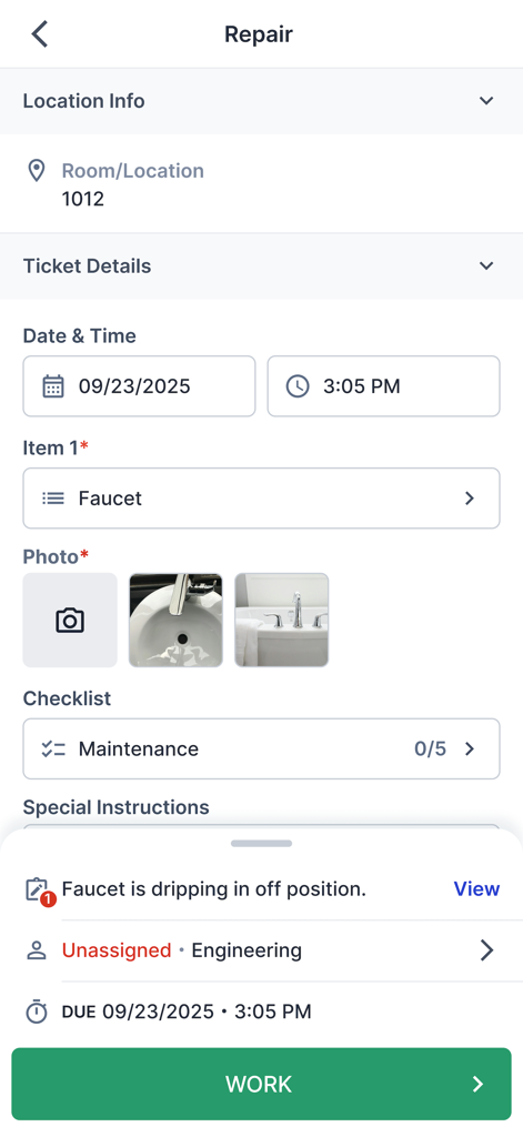 Alice by Actabl - Hotel maintenance repair ticket interface for a dripping faucet in the Alice by Actabl app