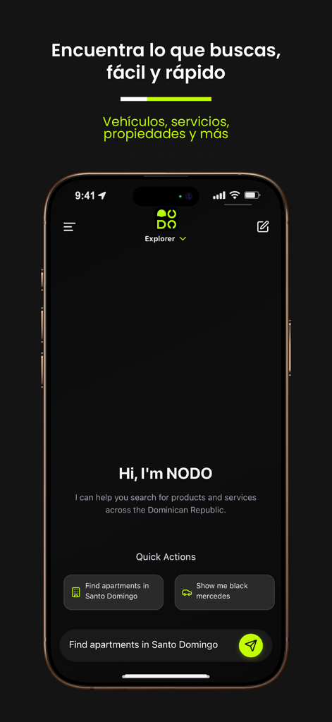 Interfaz de la aplicación NODO.ia mostrando búsqueda impulsada por IA para productos y servicios locales