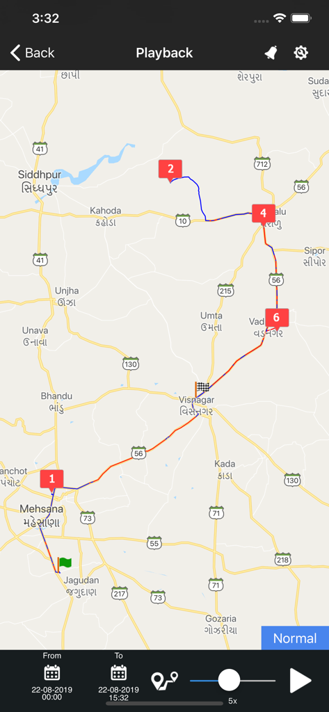 Map view showing the historical route playback of a tracked vehicle with numbered waypoints and date selection.