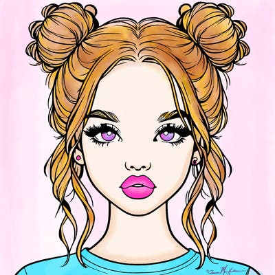 realistic girl with two buns in hair and lips