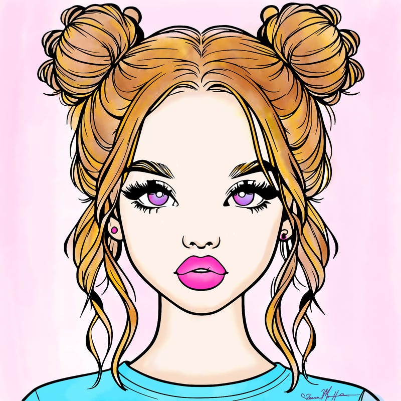 realistic girl with two buns in hair and lips