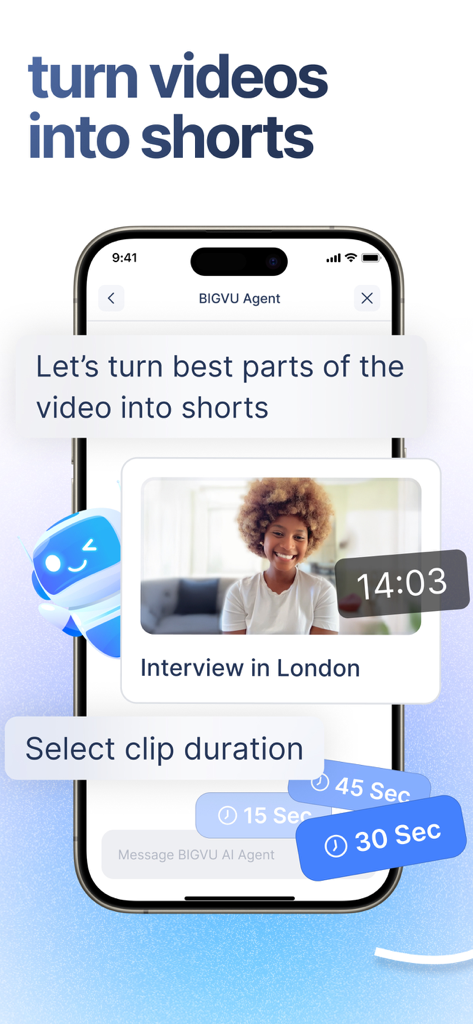 BIGVU Teleprompter Captions AI - Interfaz de aplicación móvil que muestra al agente de IA de BIGVU convirtiendo un video largo en clips cortos con opciones de duración