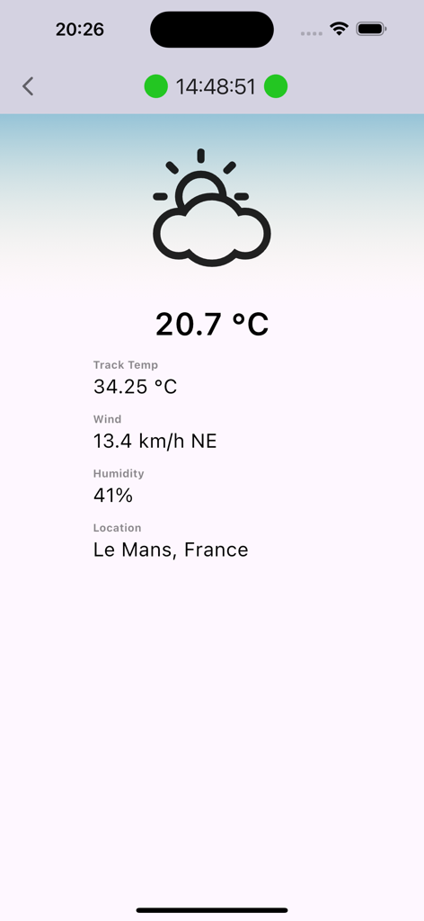 24 Hours of Le Mans - Schermata delle condizioni meteorologiche e della pista nell'app 24 Ore di Le Mans