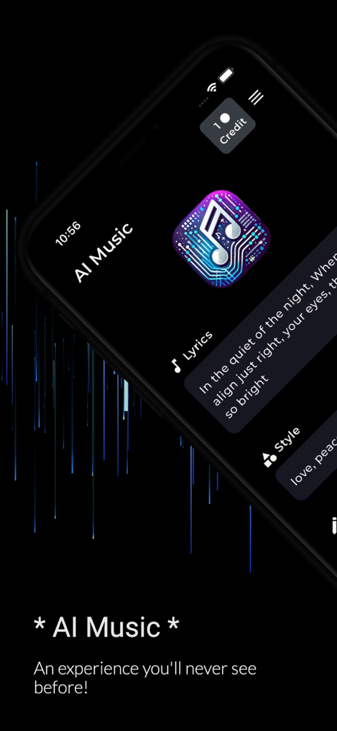 Smartphone screen showing the AI Music app interface with lyrics and style settings on a dark background