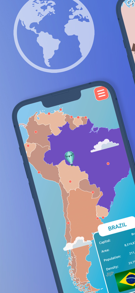 GeoExpert - Learn Geography - Mapa interactivo de Sudamérica en la aplicación GeoExpert con datos sobre Brasil.