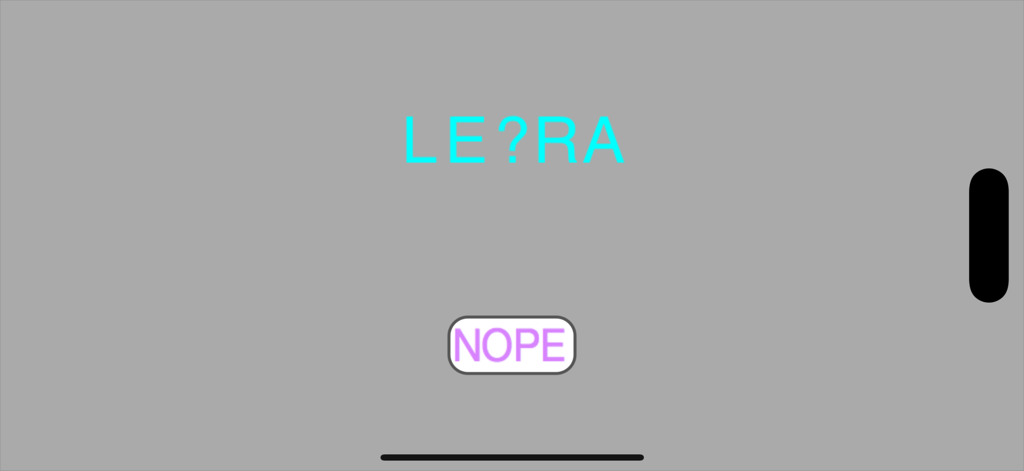 Screenshot of Letra word game showing a partially spelled word with a question mark and a button labeled NOPE