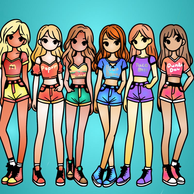 a group of girls wearing crop tops and shorts
