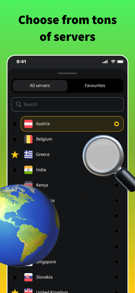 Switch Up VPN - Switch Up VPN app interface showing a list of global servers with country flags