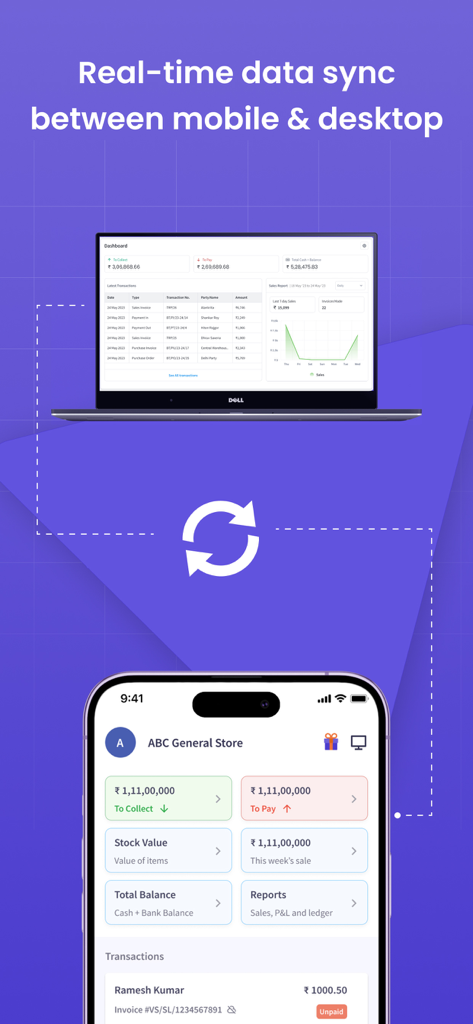 Graphic showing real-time data synchronization between the myBillBook mobile app and desktop dashboard.