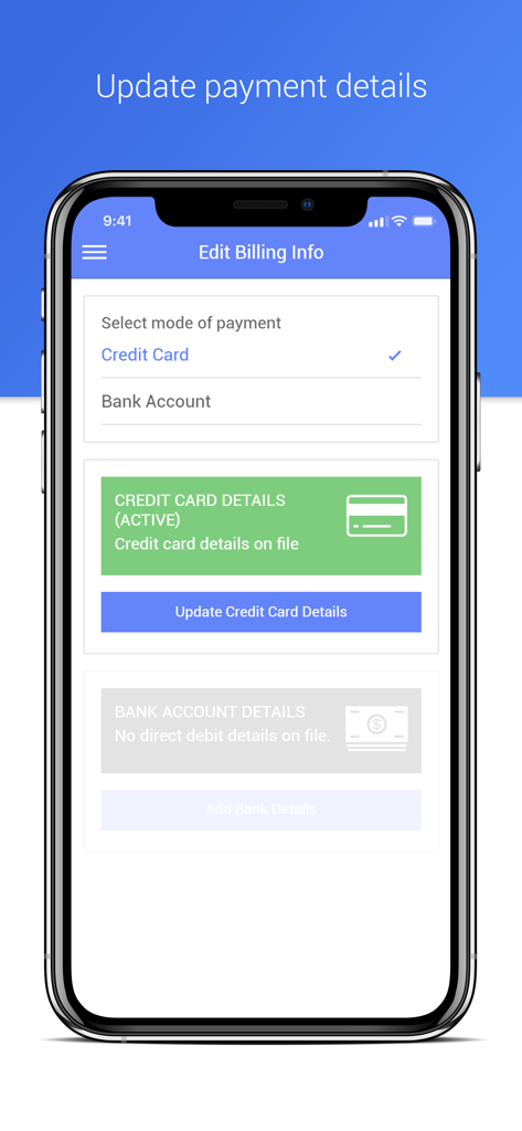 ThinkSmart Portal - Mobile application screen for editing billing information and updating credit card or bank account details